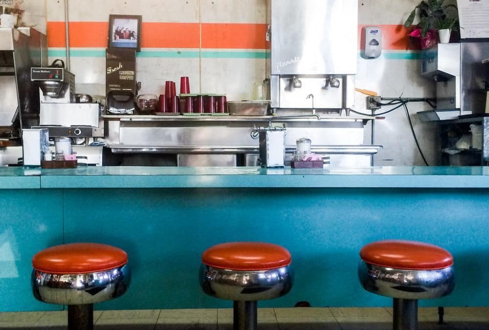 Stools along the counter of a small coffee shop