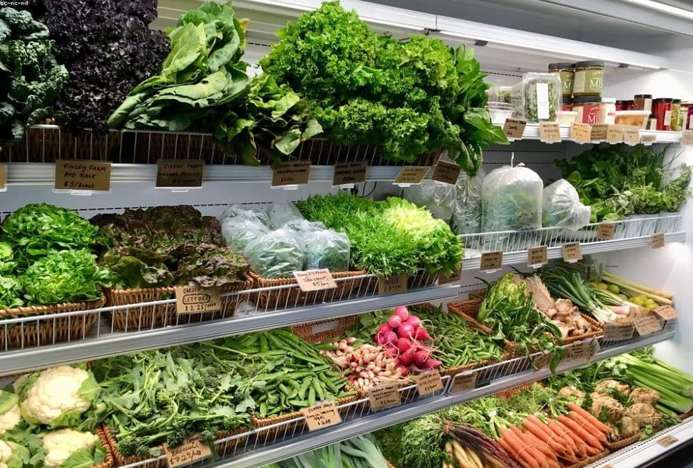 Shelves of produce in a food pantry